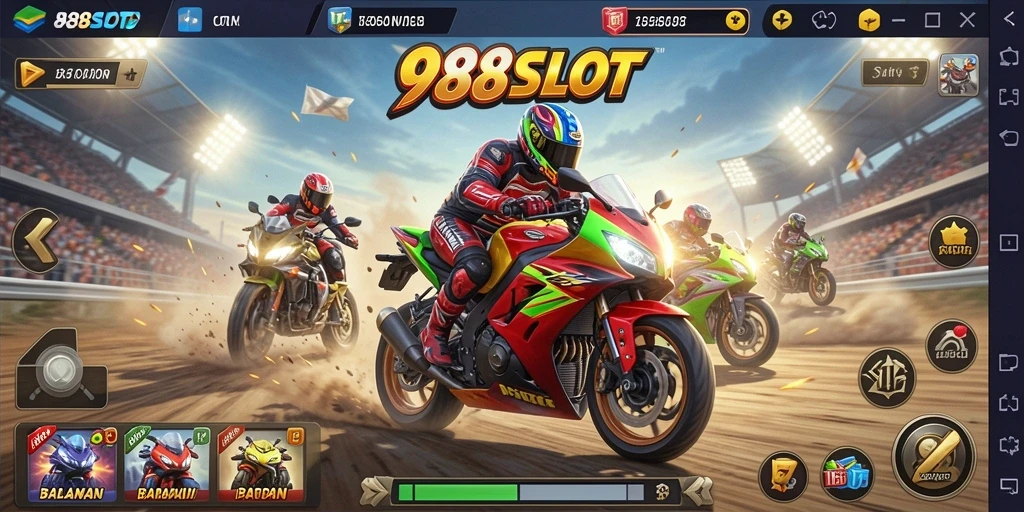 Tampilan gameplay seru dalam 988SLOT dengan motor balap yang kencang.