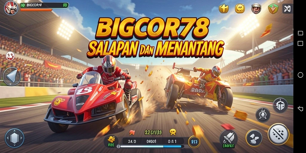 Screenshot gameplay BIGCOR78 menampilkan balapan mendebarkan di trek yang menantang.