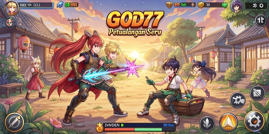 Tampilan gameplay GOD77 yang penuh aksi dan karakter anime.