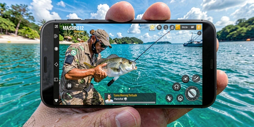 Tampilan gameplay menarik dari MASBRO12 yang menunjukkan aksi memancing.