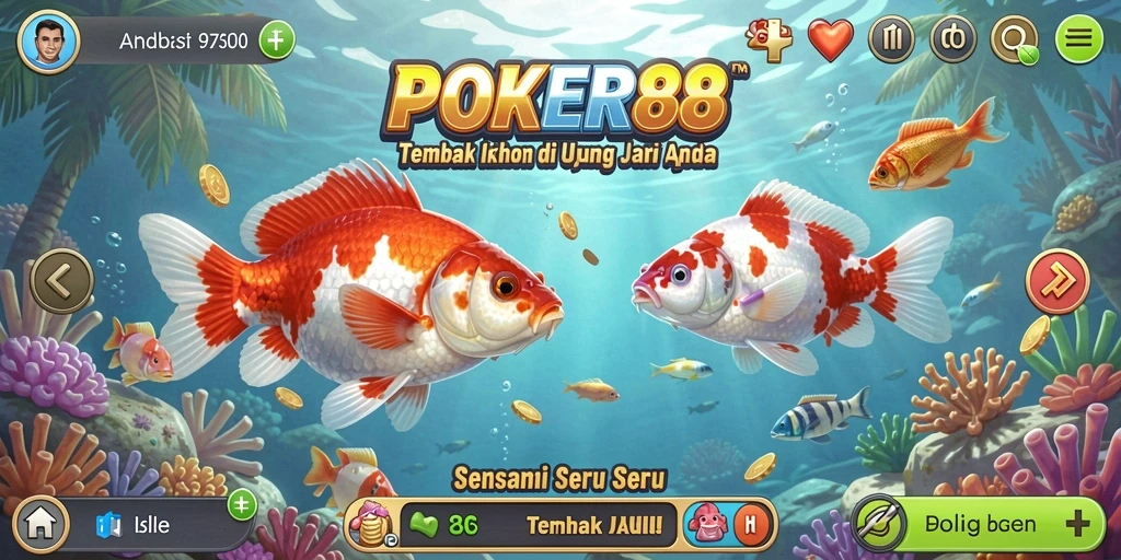 Screenshot utama gameplay POKER88 yang menunjukkan suasana seru Tembak Ikan.