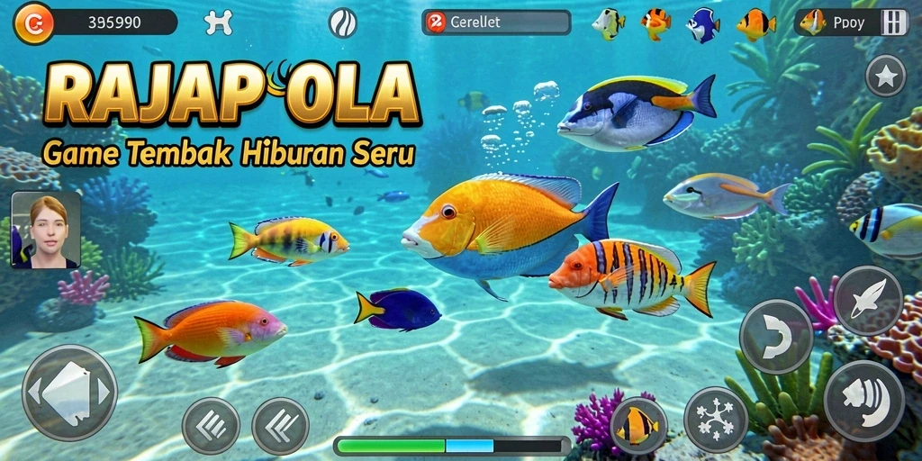 Screenshot utama RAJAPOLA menampilkan momen seru menembak ikan di bawah laut.